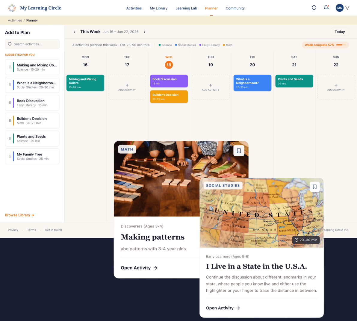 My Learning Circle weekly planner and activity cards